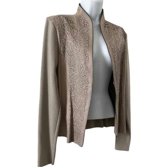 Elie Tahari Shira Leather Jacket Size Large Laser Cut Sahara Khaki - Picture 7 of 15
